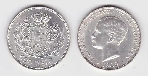 500 Reis Silber Münze Portugal 1908 vz+ KM 547 (140167)