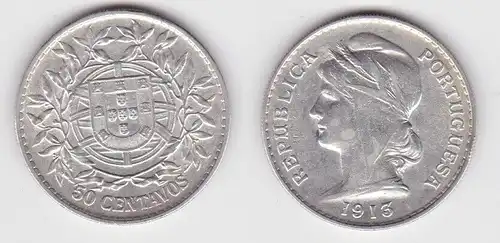 50 Centavos Silber Münze Portugal 1913 vz KM 561 (141218)