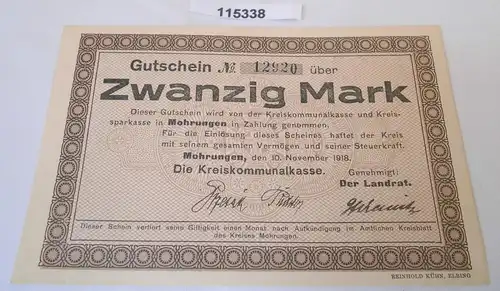 20 Mark Banknote Notgeld Kreis Mohrungen 10.November 1918 (115338)