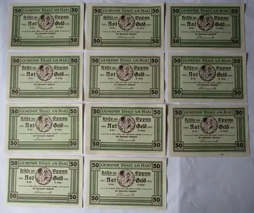 11x 50 Pfennig Banknoten Notgeld Gemeinde Thale Hilfe für Oppau 1921 (127385)