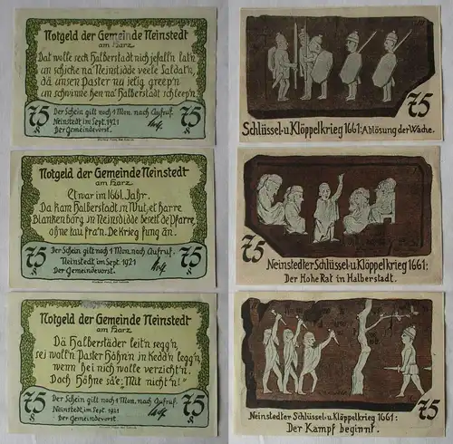 3 x 75 Pfennig Banknoten Notgeld Gemeinde Neinstedt 1921 (132861)