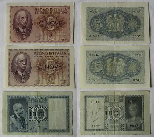 2 x 5 & 10 Lire Banknoten Italien 1940 Pick 25 und 28 (119766)
