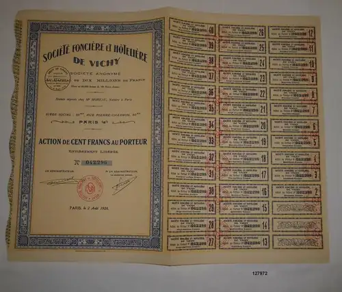 100 Francs Aktie Société Foncière et Hôtellière de Vichy Paris 1926 (127972)