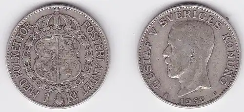 1 Krone Silber Münze Schweden 1936 (122186)
