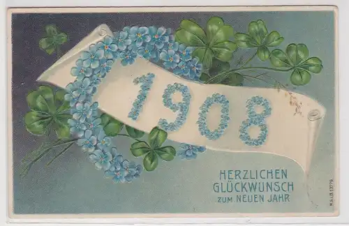88256 Präge AK Glückwunsch zum Neuen Jahr 1908 Vergißmeinnichtkranz um 1908