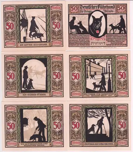 6 Banknoten 50 Pfennig Notgeld Oldenburg Verein für Sanitätshunde 1921 (161803)