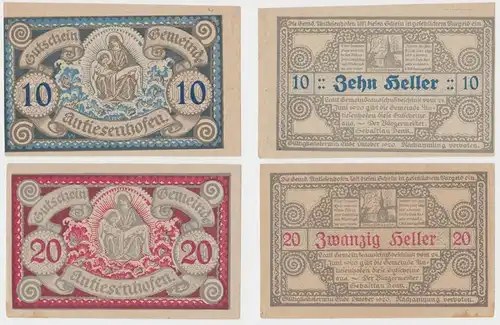 2 Banknoten 10 und 20 Heller Notgeld Gemeinde Antiesenhofen (150955)