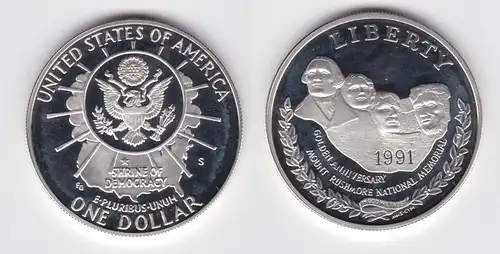 1 Dollar Silber Münze Mount Rushmore Geburtstagsmünze USA 1991 PP (125150)