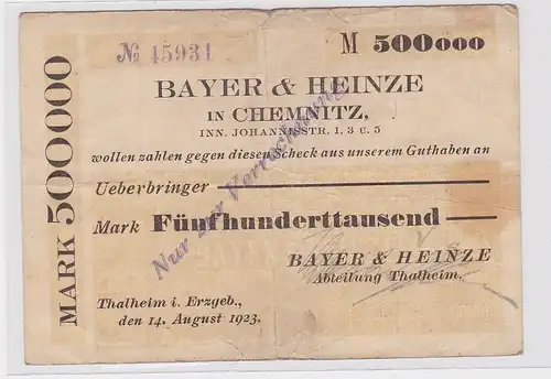 500000 Mark Banknote Firma Bayer & Heinze Thalheim 14.08.1923 (119428)