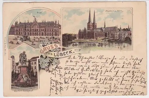 95999 Lithographie Ak Gruss aus Lübeck - Post, Museum und Dom, Denkmal 1902
