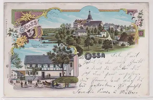 17592 Ak Lithographie Gruß aus Ossa Totalansicht und Gasthof 1903