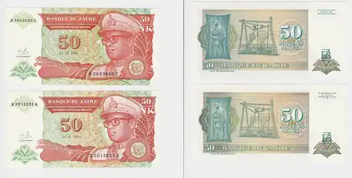 2x 50 Nouveaux Makuta Banknote Zaire Zaïre 24.6.1993 bankfrisch UNC (153211)