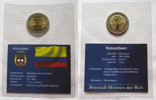 Bi-Metall Münze 500 Peso Kolumbien 2005 in TOP Erhaltung im Blister (120512)