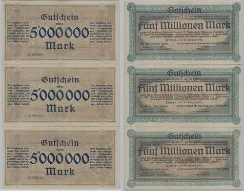 3 x 5 Millionen Mark Banknoten Inflation Stadt Plauen 20.8.1923 (153890)