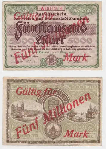 5 Millionen Mark Banknote Aushilfsschein Stadt Hamburg 1923 KN 6stellig (152959)