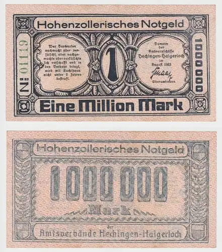 1 Million Mark Banknote Hohenzollersches Notgeld  August 1923 (153370)