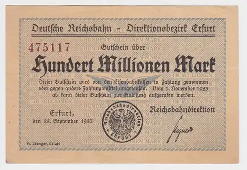 100 Millionen Mark Banknote Reichsbahndirektion Erfurt 22.09.1923 (153368)