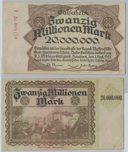 20 Millionen Mark Banknote Inflation Hamborn August Thyssen Hütte 1923 (149217)