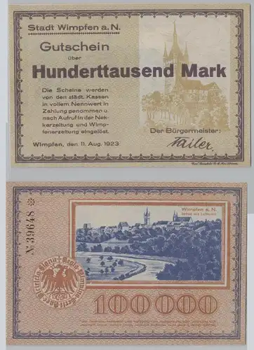 100000 Mark Banknote Stadt Wimpfen a.N. 11.8.1923 (148773)