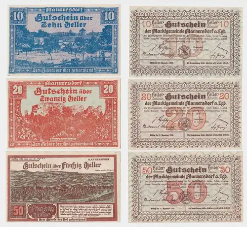 10, 20 und 50 Heller Banknote Mannersdorf (143354)