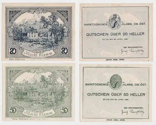 20 und 50 Heller Banknote Markt Klamm 1920 (133011)