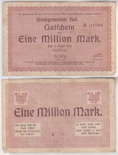 1 Million Mark Banknote Inflation Stadtgemeinde Hof 6.August 1923 (111209)