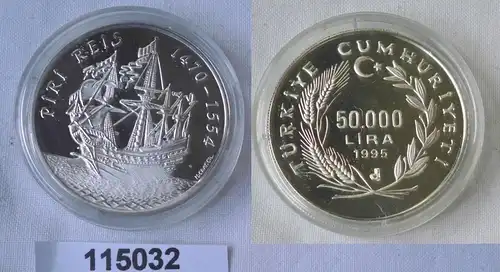 50000 Lira Silbermünze Türkei Segelschiff Piri Reis 1995 (115032)