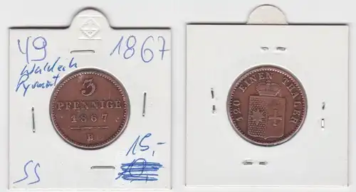 3 Pfennig Kupfer Münze Waldeck und Pyrmont 1867 B (142067)