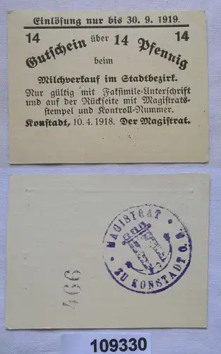 14 Pfennig Banknote Notgeld Milchverkauf in Stadtbezirk Konstadt 1918 (109330)