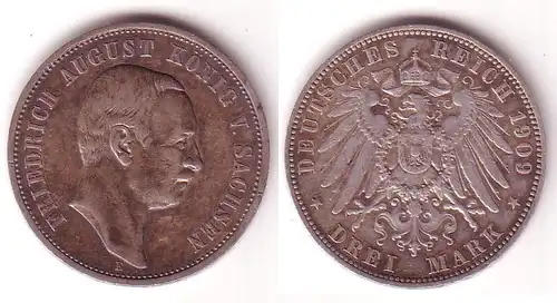 3 Mark Silbermünze Sachsen König Friedrich August 1909 Jäger 135 (114845)