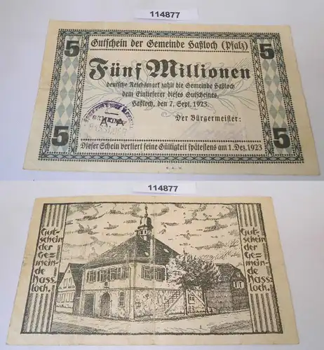 5 Millionen Mark Banknote Inflation Stadt Haßloch Pfalz 7.09.1923 (114877)