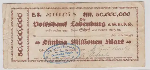 50 Millionen Mark Banknote Volksbank Ladenburg e.GmbH 21.9.1923 (123293)