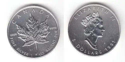 5 Dollar Silber Münze Kanada Meaple Leaf 1991 1 Unze Feinsilber (114944)