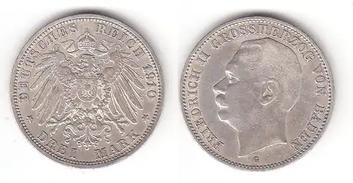 3 Mark Silbermünze Baden Großherzog Friedrich II 1910 Jäger 39  (111843)