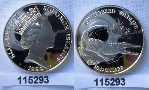 10 Dollar Silber Münze Solomon Islands 1992 bedrohte Tierwelt Krokodil (115293)