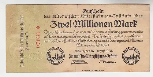 2 Millionen Mark Banknote Altona Unterstützungs Institut 15.08.1923 (115783)