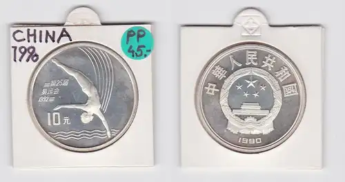 10 Yuan Silber Münze China 1990 Olympia Barcelona 1992, Turmspringen (133618)