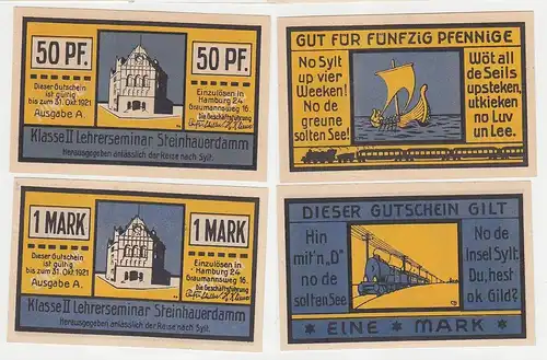 50 Pf. & 1 Mark Banknoten Notgeld Hamburg Lehrerseminar Klasse II 1921 (115826)