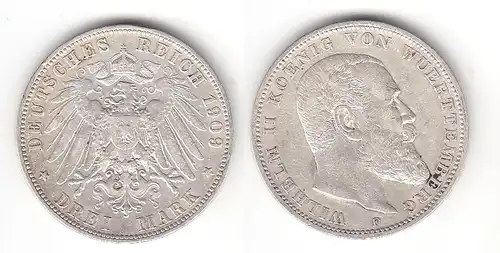 3 Mark Silbermünze Württemberg König Wilhelm II 1909 Jäger 175 (115428)