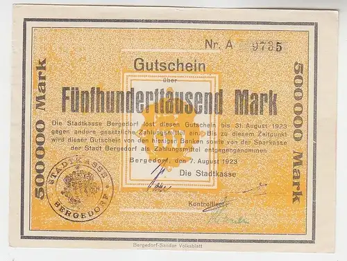 500000 Mark Banknote Stadtkasse Bergedorf 7.8.1923 (116188)