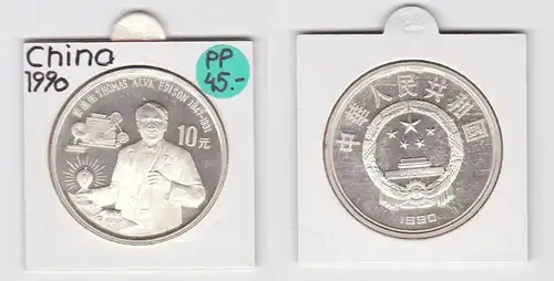 10 Yuan Silber Münze China 1990 Thomas Alva Edison  PP (133438)