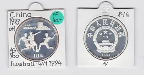 10 Yuan Silber China 1993 Fussball WM 1994, 3 Fussballspieler (133588)