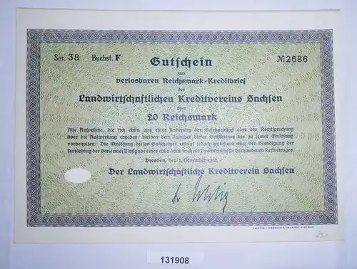 20 RM Gutschein Kreditanstalt sächsischer Gemeinden Dresden 1.11.1932 (131908)
