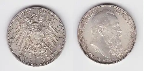 2 Mark Silbermünze Bayern Prinzregent Luitpold 1911 Jäger 48 vz+ (150689)
