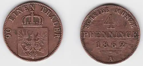 4 Pfennige Bronze Münze Preussen 1862 A ss (150033)