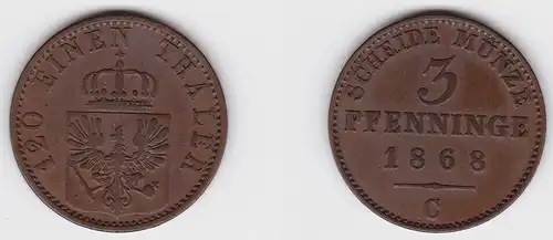 3 Pfennige Kupfer Münze Preussen 1868 C  f.vz (150052)