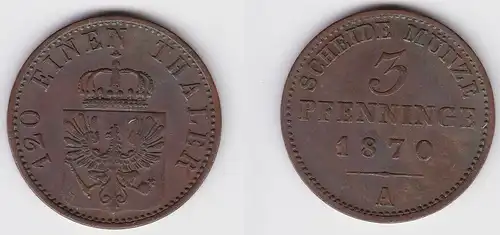 3 Pfennige Kupfer Münze Preussen 1870 A f.vz (150068)