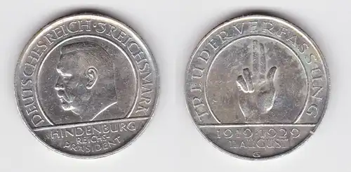 Silber Münze 3 Mark Verfassung "Schwurhand" 1929 F vz (152711)