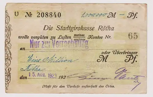 Firmenscheck 1 Million Mark Banknote Stadtgirokasse Rötha 10.8.1923 (120381)