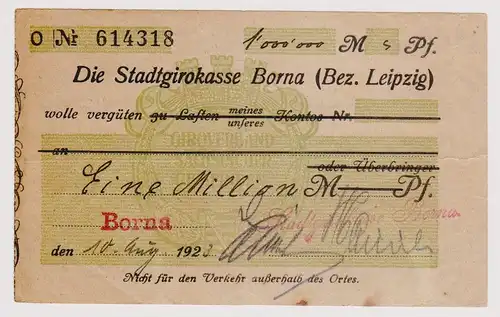 Firmenscheck 1 Million Mark Banknote Stadtgirokasse Borna 10.8.1923 (120336)